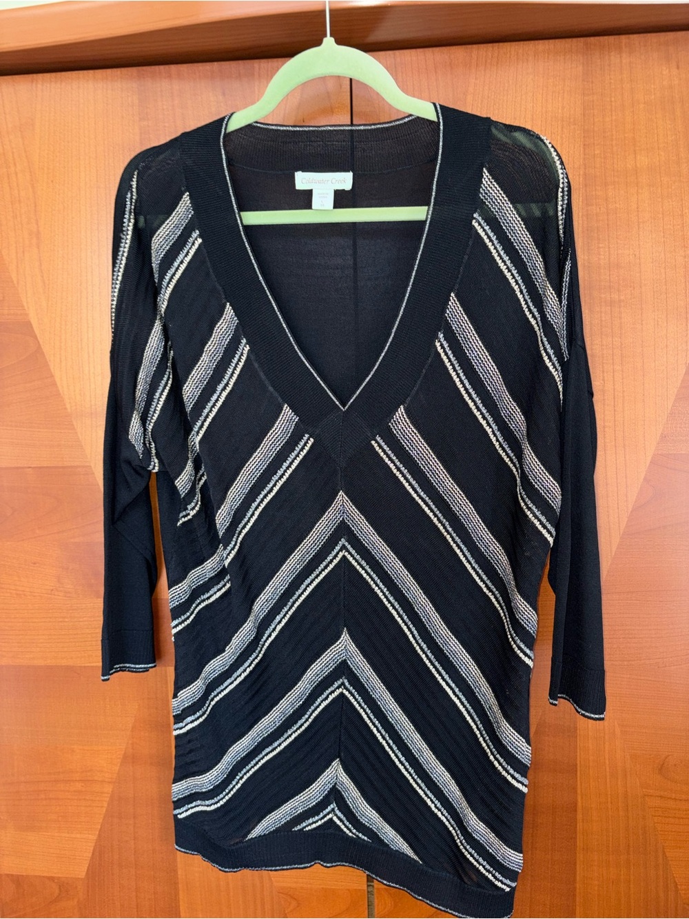 Coldwater Creek Black V-Neck Striped Sweater